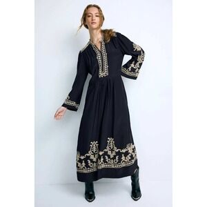 Marant Etoile Black Embroidered Midi Dress Long Sleeve Split Neck Size 44